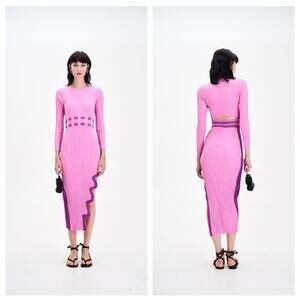 PH5 Aster Pleated Midi Dress with Wavy Slit in a pink and mulberry colorway XL